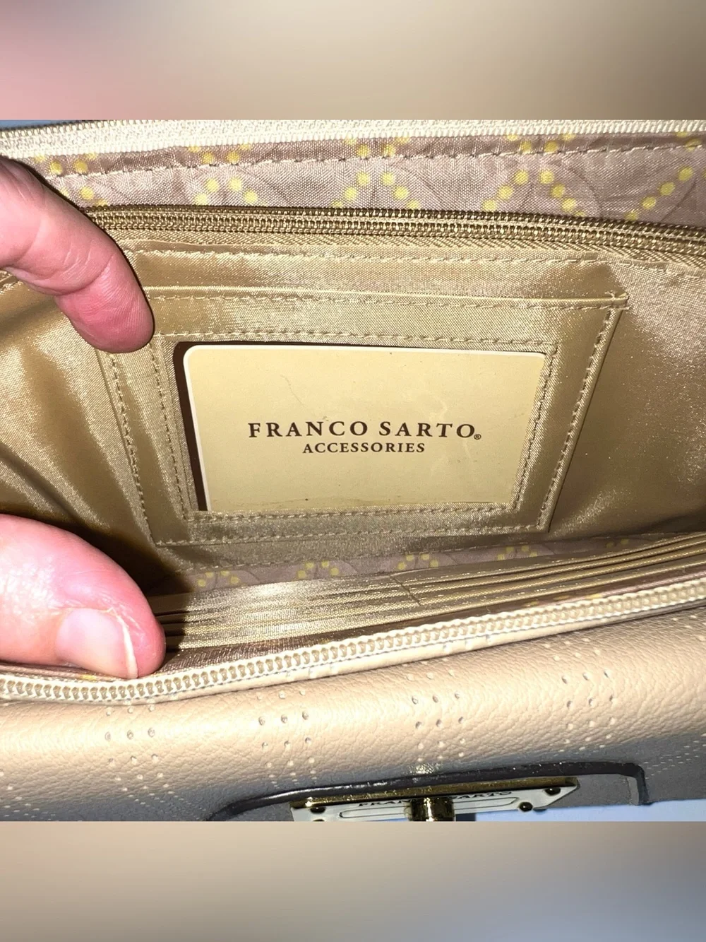 Franco Sarto Cream Wristlet Wallet Zip Logo Strap Roomy